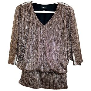 MSK Metallic Bronze Blouse Rhinestone Trim V-Neck Dolman Sleeve Top S